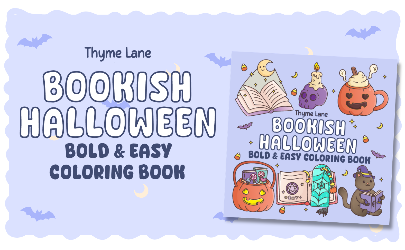 bookish halloween bold and easy coloring books promotional panel with the cover design