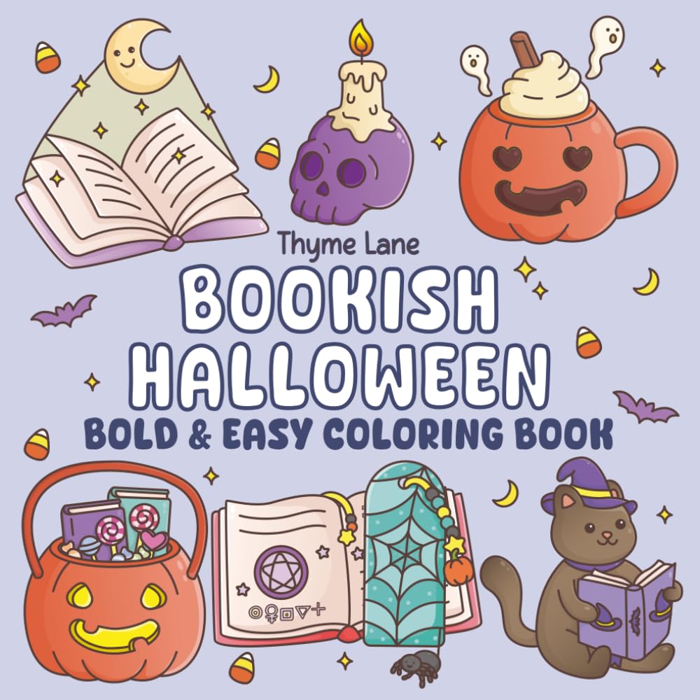 Bookish Halloween: Spooky Cute Halloween Coloring Book for Book Lovers with 50 Bold and Easy Large Print Designs for Adults, Teens and Seniors (Bookish Life Bold & Easy Coloring)